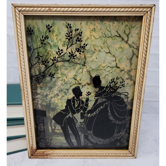 Vintage Silhouette Courting Couple Art Reverse Painted Convex Glass Princesscore - Picture 5 of 8